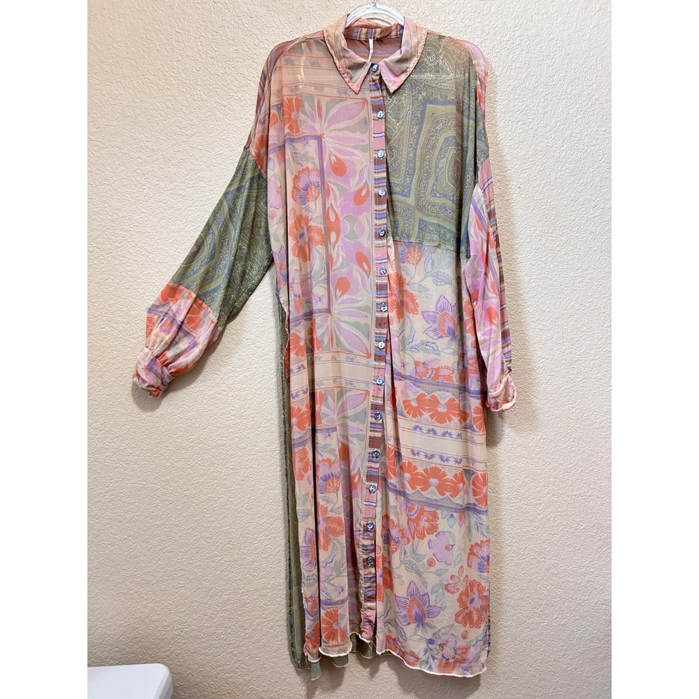 Free People S Patchwork Sheer Mesh Maxi Shirtdress Floral Paisley Boho Fairy